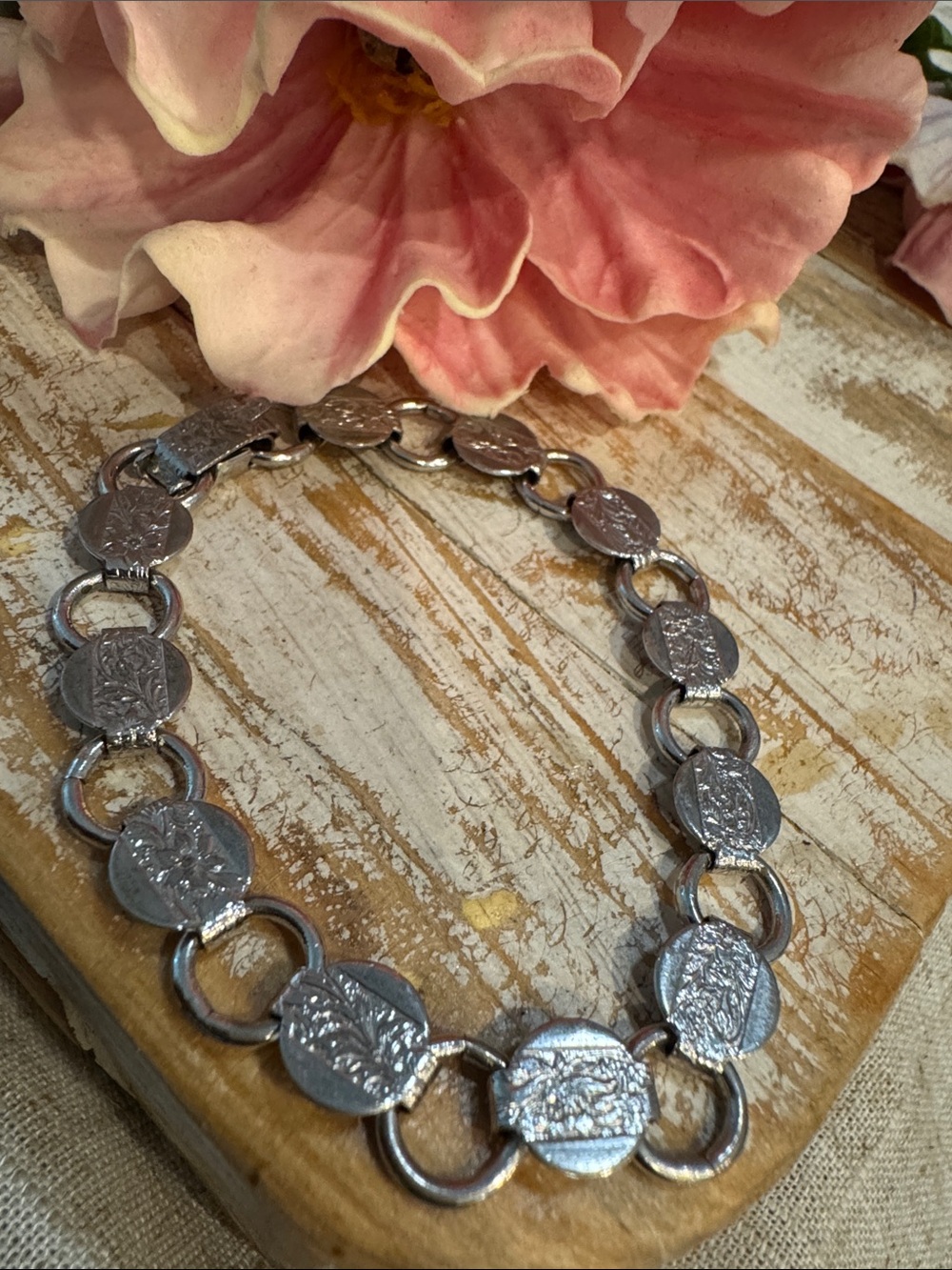 Sterling Silver Floral Coin Link Bracelet - Sarah Coventry